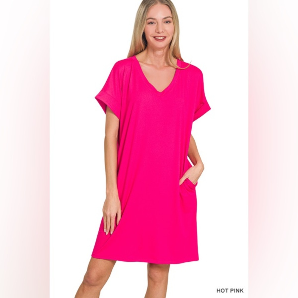 NWT ZENANA BRUSHED DTY ROLLED SHORT SLEEVE V-NECK DRESS - Picture 2 of 3